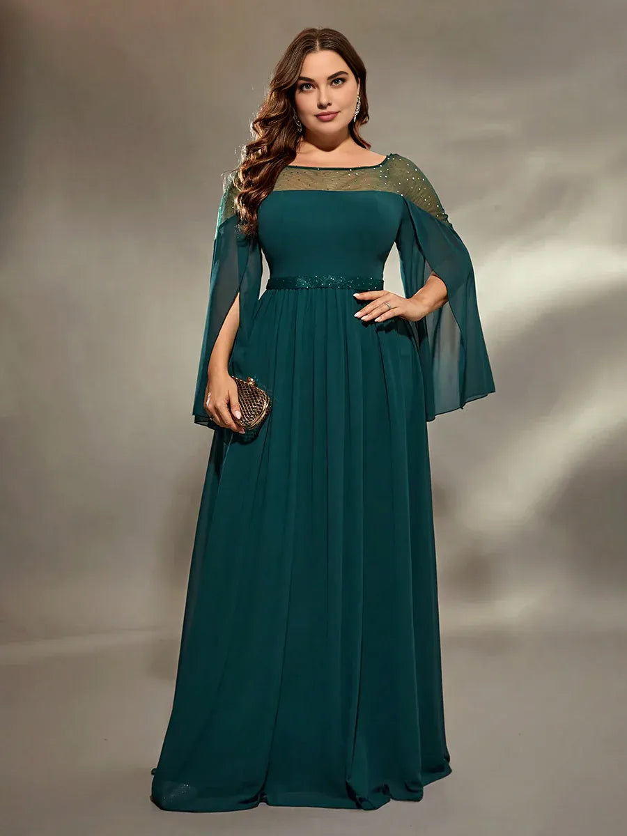 Elegant A-Line Round Neck Split Sleeve Keyhole Floor-Length Plus Size Prom Dress